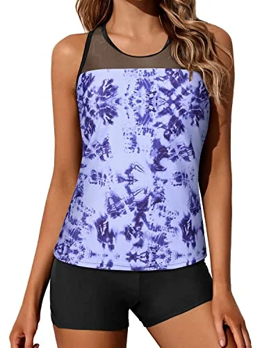 Athletic Racerback Tankini Swimsuit For Juniors Padded Bra And Shorts-Blue Tie Dye Geometric