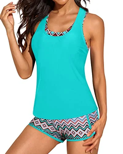 Flattering Racerback 3 Piece Tankini Swimsuits For Women-Green Tribal Women