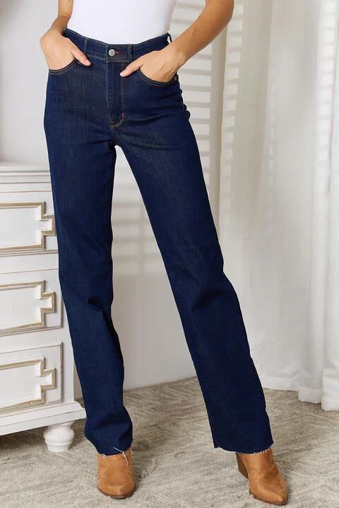 Judy Blue Full Size Raw Hem Straight Leg Jeans with Pockets Feminine Women's Soft 