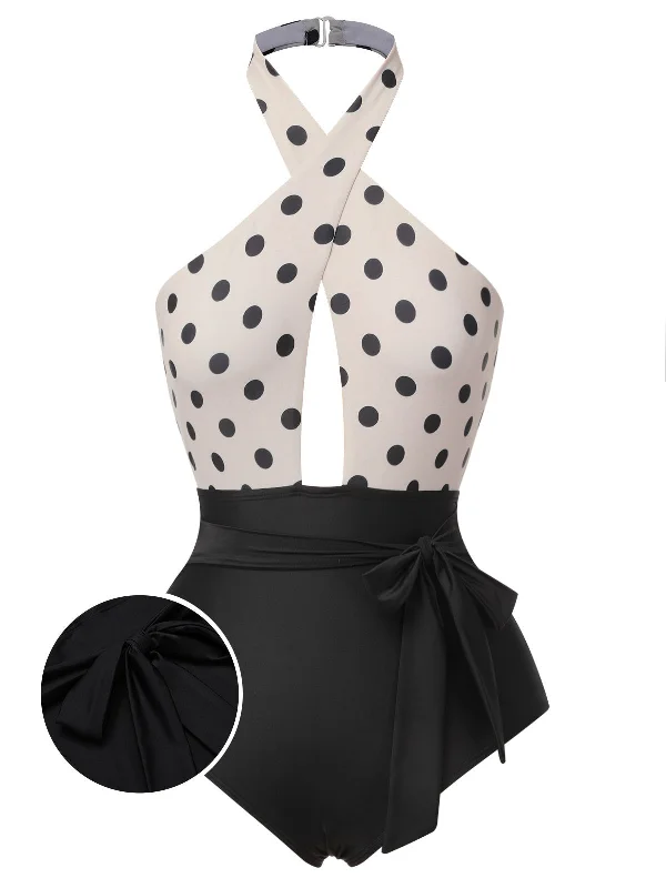 Beige 1950s Polka Dot Halter One-Piece Swimsuit Casual Women's Loose - fitting