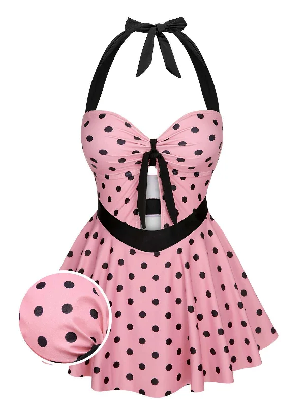 Pink 1950s Halter Polka Dots One-Piece Swimsuit Casual Women's Japanese 