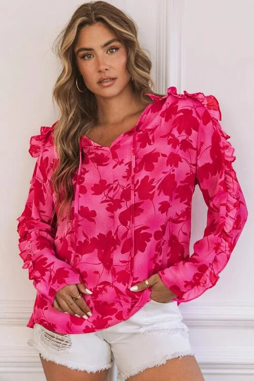 Floral Tie Neck Ruffle Trim Blouse Earthy Women's 