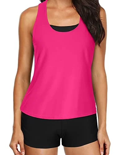 3 Piece Womens Tankini Swimsuits Cutout Back Athletic Bathing Suit-Neon Pink Laid - back Women's Vibe