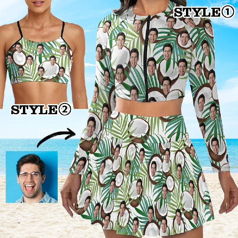 Custom Face Coconut Bikini Top&Bottom Women's Swim Skirt With Bottom Long Sleeve Zip Top Traditional Women's 