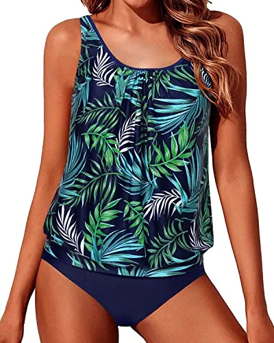 Modest Two-Piece Tankini Blouson Swimsuits For Women-Blue Leaf Laid - back Women's Style