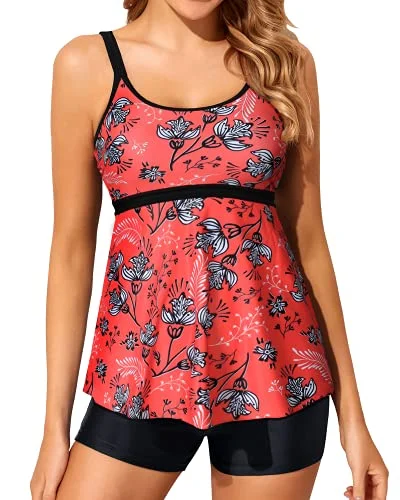 U Neck Athletic Swimsuit Two Piece Tankini Bathing Suits For Women-Pink Leaf And Black Sporty Women's Tennis
