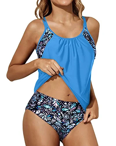 Women's 2 Piece Tankini Swimsuit Set Blouson Top And Bottom-Blue Floral Refined Women's 