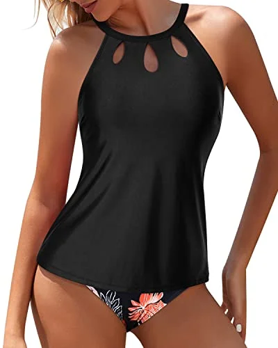 Stylish High Neck Two Piece Tankini Swimsuit Keyhole Design-Black Orange Floral Minimalist Women's Casual