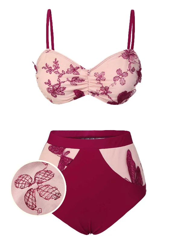 Wine Red 1950s Spaghetti Strap Butterflies Swimsuit Geometric