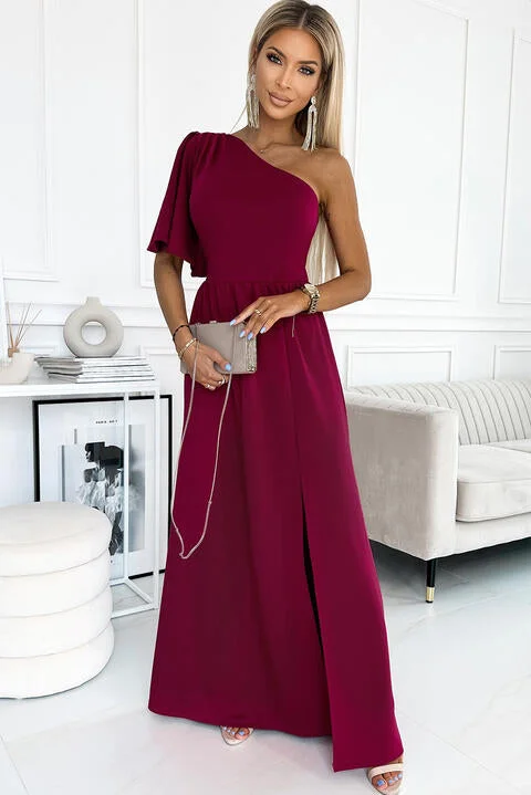 One shoulder Flutter sleeves Slit Dress Preppy Women's College