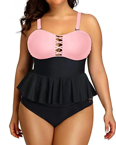 Peplum Tankini Tops Built-In Padded Bra For Women Plus Size Bathing Suits-Pink And Black Classic Women's Pin - striped
