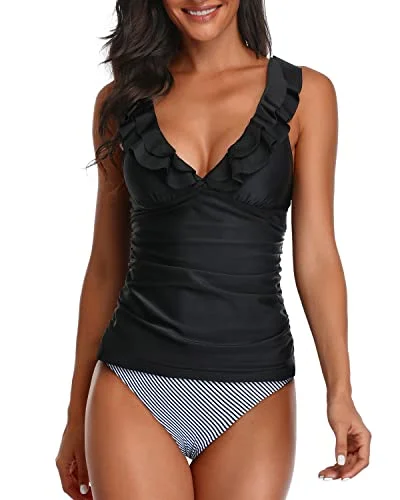 Deep V Neck Ruffle Tankini Swimsuits For Women-Black Stripe Country