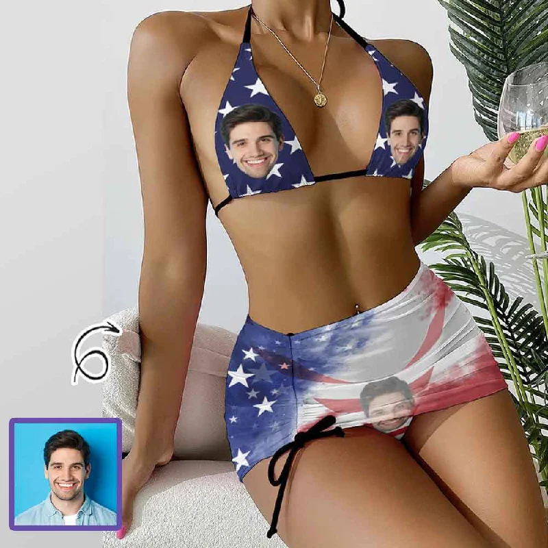 Custom Face American Flag Bikini Set For Women 3-Pieces Summer Swimsuit Minimalist Women's Casual
