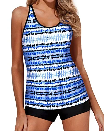 Tummy Control Tankini Swimsuits Boy Shorts-Blue Tribal Modern Women's Tech
