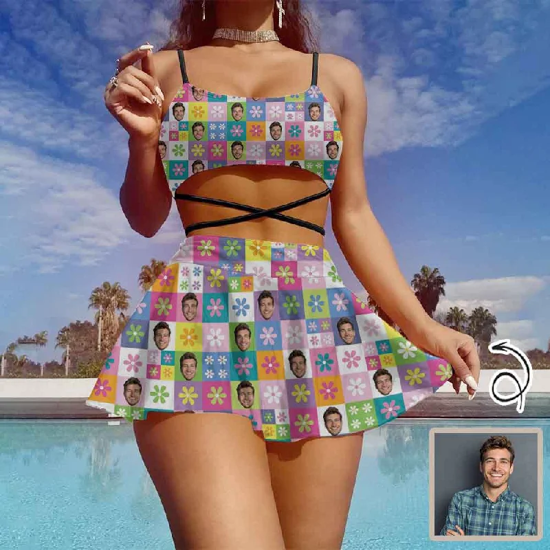 Custom Face Colorful Flowers Bikini Set Women's String Three-Piece Bikini Skirt Sporty Women's Athleisure Custom Face Colorful Flowers Bikini Set Women's String Three-Piece Bikini Skirt Sporty Women's Athleisure