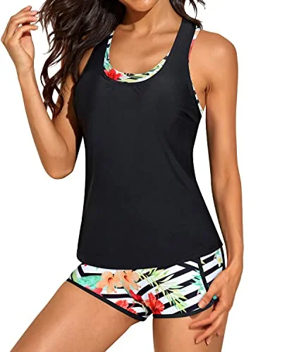 Flattering Open Back Tankinis Swimwear For Women Tank Tops-Black Floral Cool Women's Distressed