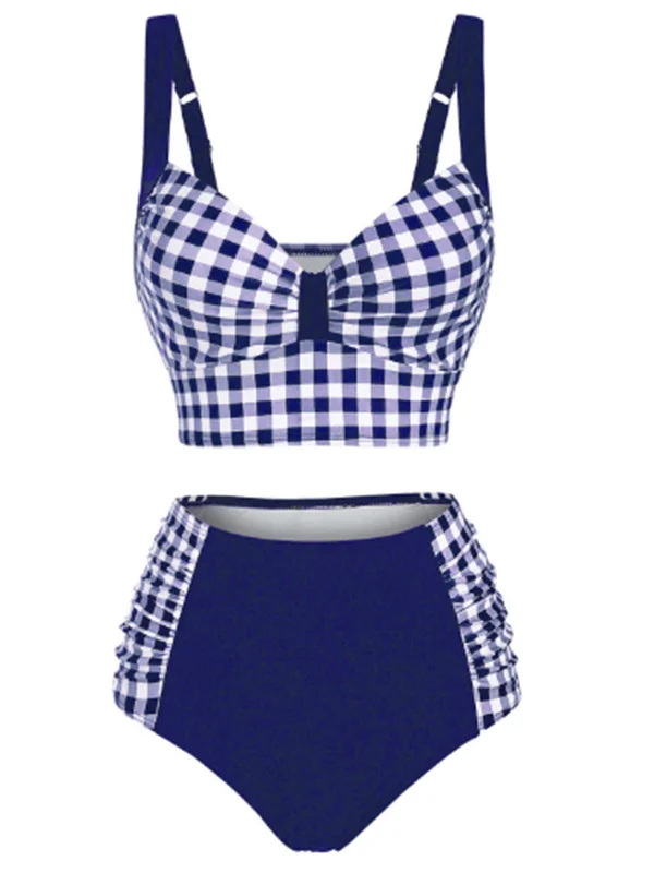 Plaid Spaghetti Strap Patchwork Bikini European