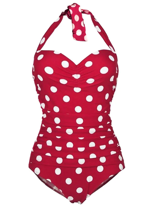 1950s Halter Polka Dot One-Piece Swimsuit Streetwear Style for 