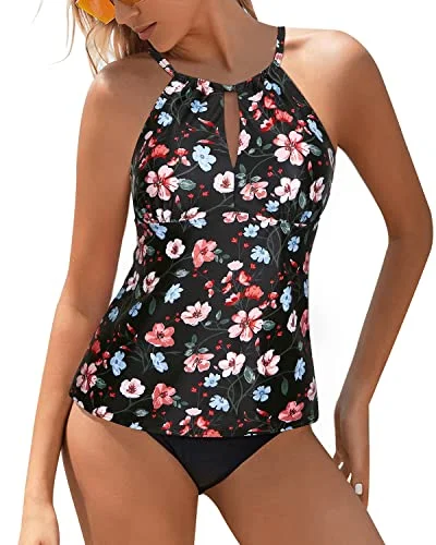 High Neck Two Piece Swimsuits For Women Triangle Bottom Modest Bathing Suit-Black And Pink Floral Youthful Women's Anime - inspired
