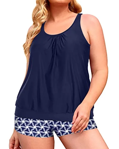 Sporty Tankini Tops Swim Shorts For Women Of All Ages-Navy Blue Tribal Relaxed Women's Beachy