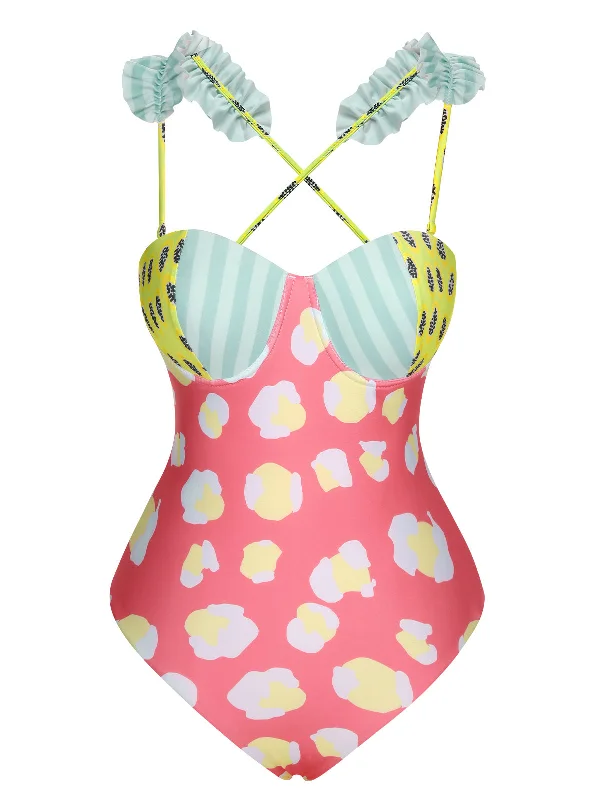 Multicolor 1950s Cartoon Patchwork Swimsuit French