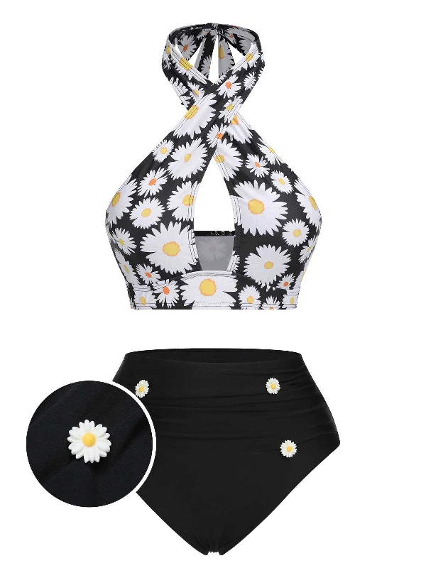 Black 1950s Daisy Cross Strap Swimsuit Modern Women's 