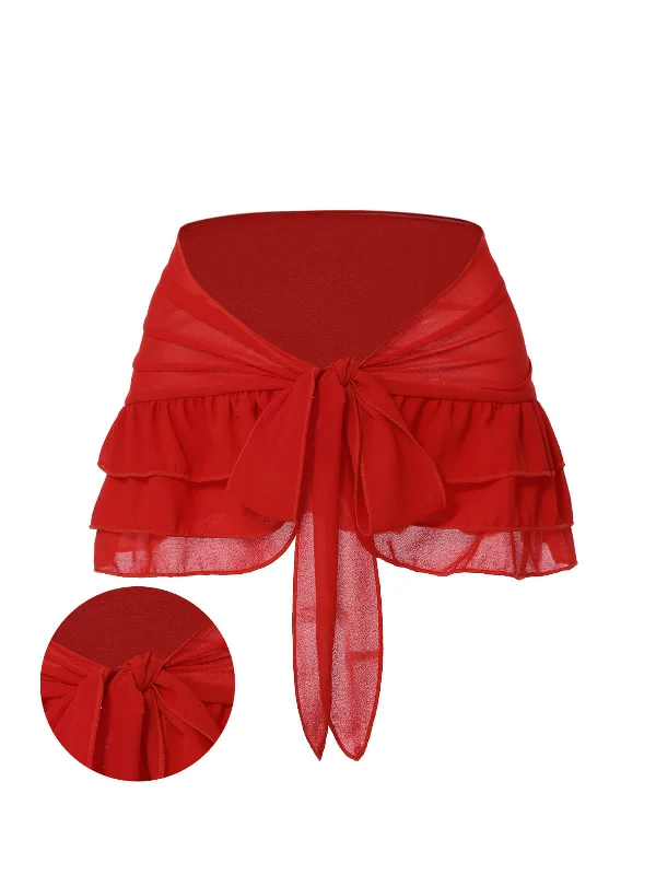 Red 1960s Solid Chiffon Skirt Cover-Up Australian Beach