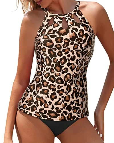 High Waisted Tummy Control Tankini Set For Full Coverage-Black And Leopard Refined Women's Velvet
