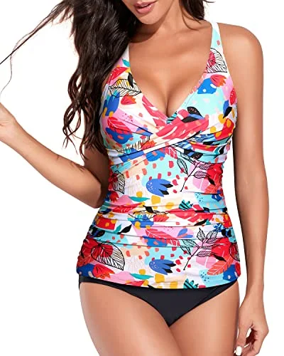Twist Front Cross Back Two Piece Tankini Bathing Suits For Women-Colorful Leaves Rugged Women's Outdoor 
