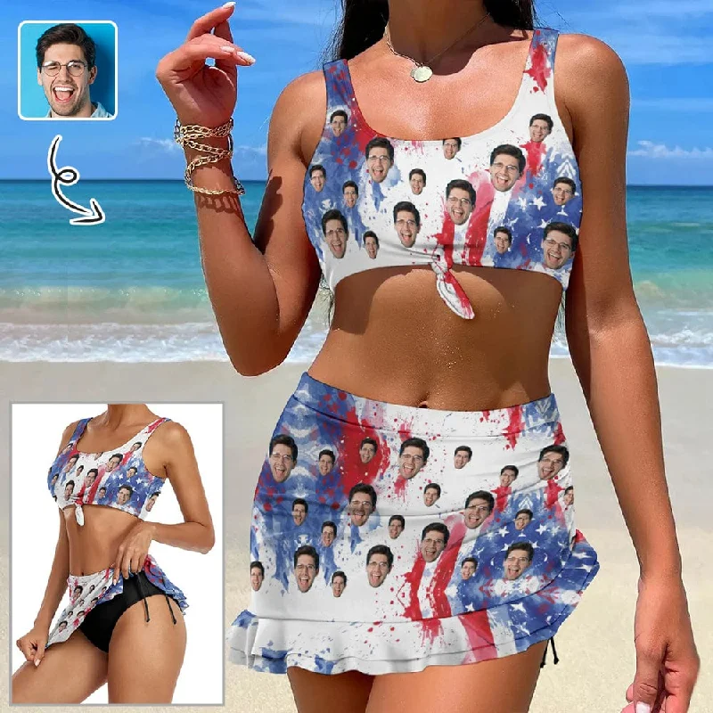 Custom Face American Style Bikini Set Personalized Drawstring Chest Strap Bikini Skirt Monochromatic All - in - one