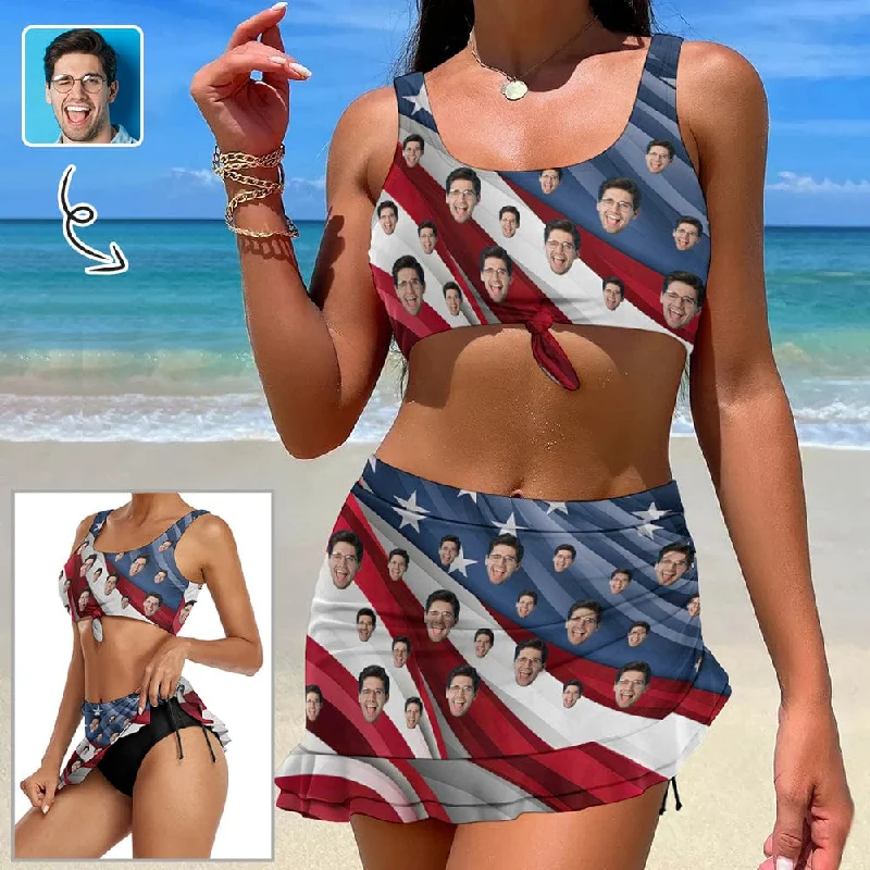 Custom Face USA Flag Bikini Set Personalized Drawstring Chest Strap Bikini Skirt Bold Women's Statement
