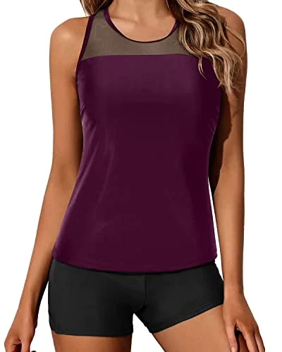 Athletic Racerback Tankini Bathing Suit Tops For Women Shorts-Maroon Traditional Women's Wool