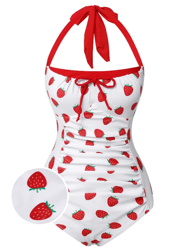 Red 1960s Halter Bow Strawberry One-Piece Swimsuit Feminine Women's Style 