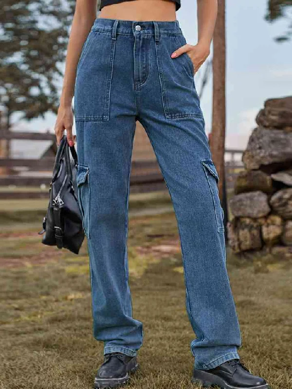 Pocketed Long Jeans Hip Women's Urban
