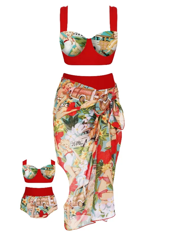 3PCS 1960s Red Retro Lady Bikini Set Practical Women's Multi - 