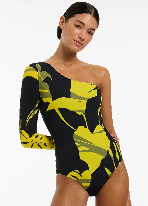 Shadow Palm One Sleeve One Piece - Black Sleek Women's Metallic