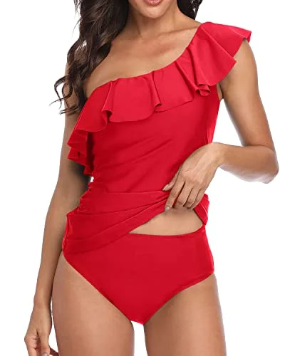 Tummy Control Ruffle Tankini One Shoulder Swimsuits For Women-Red Unique Women's Upcycled
