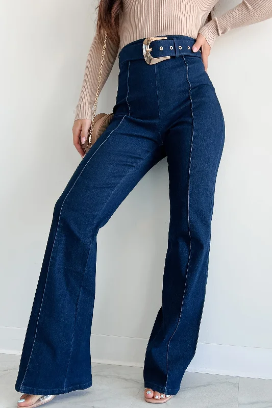 Fredericka Belted Denim High Waist Pants (Dark Wash) Dapper Women's 1920S