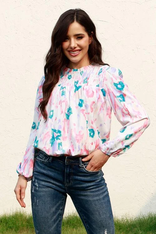 Floral Smocked Balloon Sleeve Round Neck Blouse Tough Women's Military - inspired