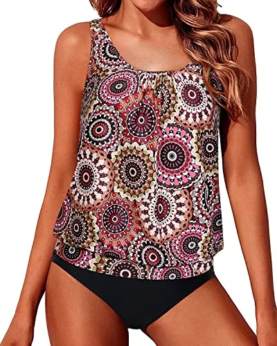 Adjustable Straps Loose Fit Swimsuits For Women 2 Piece Tankini-Brown Print Laid - back Women's Style