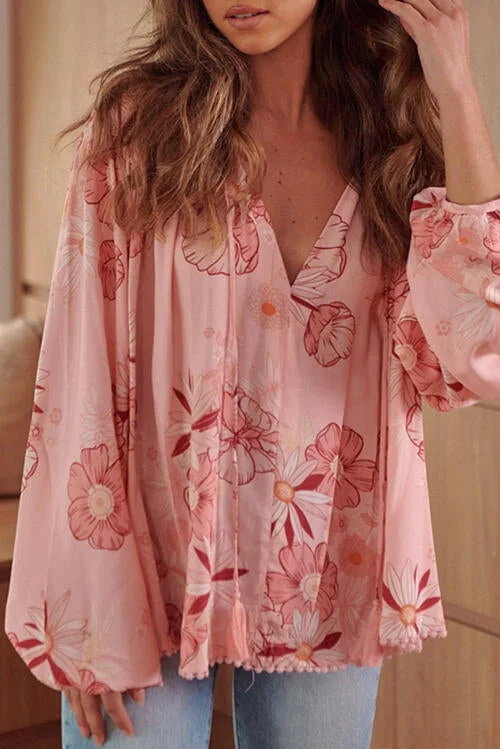 Floral Smocked Tassel Tie Balloon Sleeve Blouse Classic Women's Pin - striped