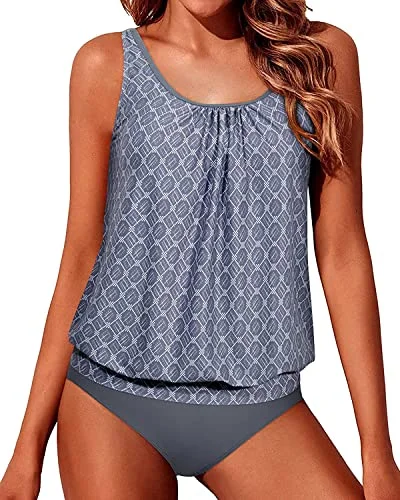 Adjustable Shoulder Straps Blouson Tankini Bathing Suits Women-Grey Tribal French