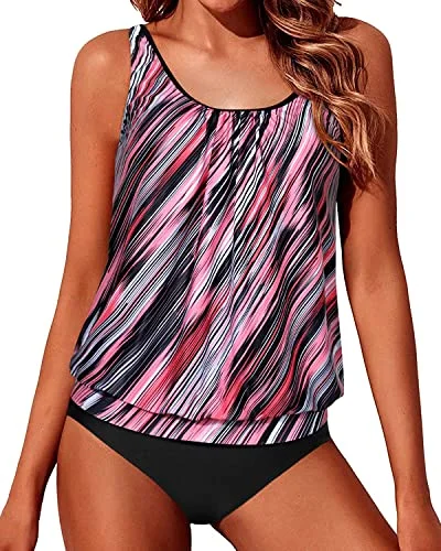 Adjustable Shoulder Straps Blouson Tankini Swimsuits For Women-Pink Stripe Relaxed Women's Beachy