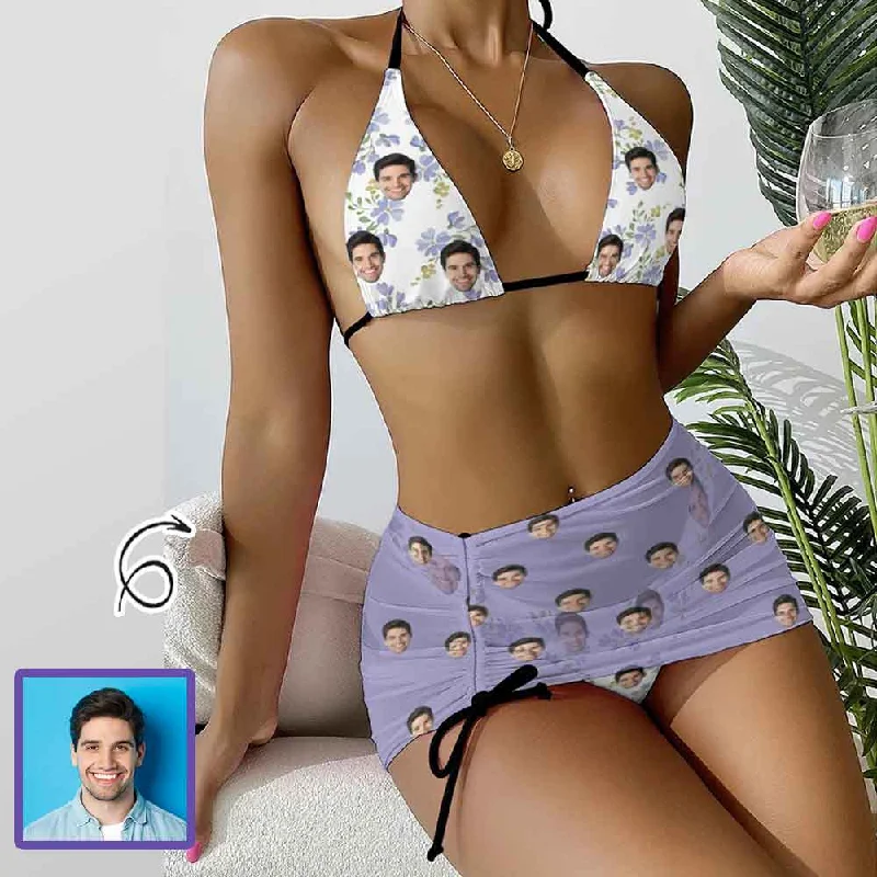 Custom Face Floral Bikini Set For Women 3-Pieces Summer Swimsuit Elegant Women's 