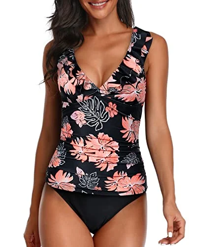 Deep V Neck Flounce Tankini Ruched Swimwear For Women-Black Orange Floral Youthful Women's Pop