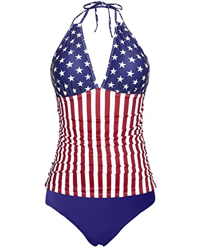 Women's Halter Tankini V Neck Swimsuit Bikini Bottom-American Flag Athletic Women's High - 