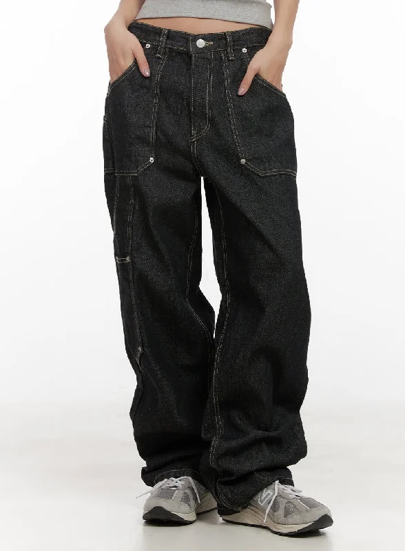 Nicole Stitched Carpenter Wide-Leg Jeans CD411 Trendy Women's Oversized