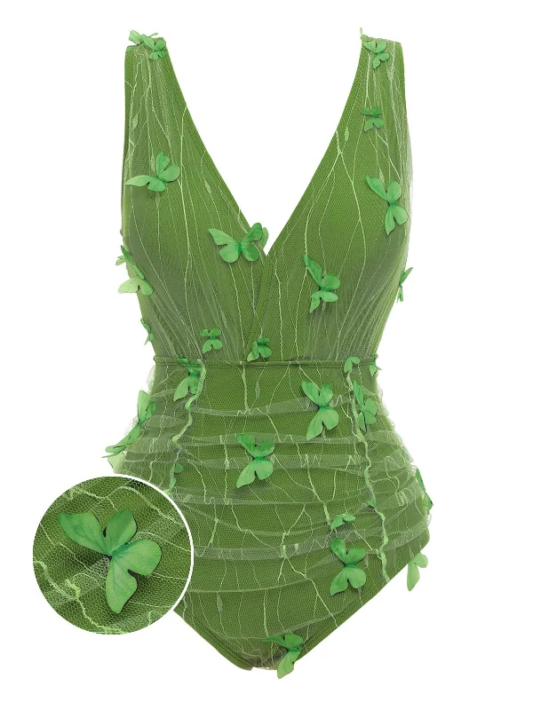 Green 1960s 3D Butterfly Mesh Swimsuit Bold Women's Animal Print