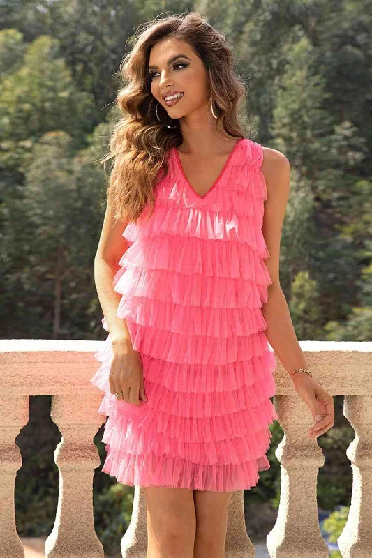 V-Neck Tiered Sleeveless Mesh Dress Classic Women's Pin - striped