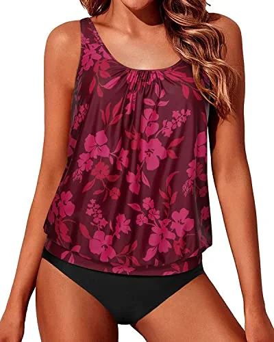 Cute Adjustable Shoulder Straps Tankini Swimsuits For Teen Girls-Red Flower Polished Women's Silk